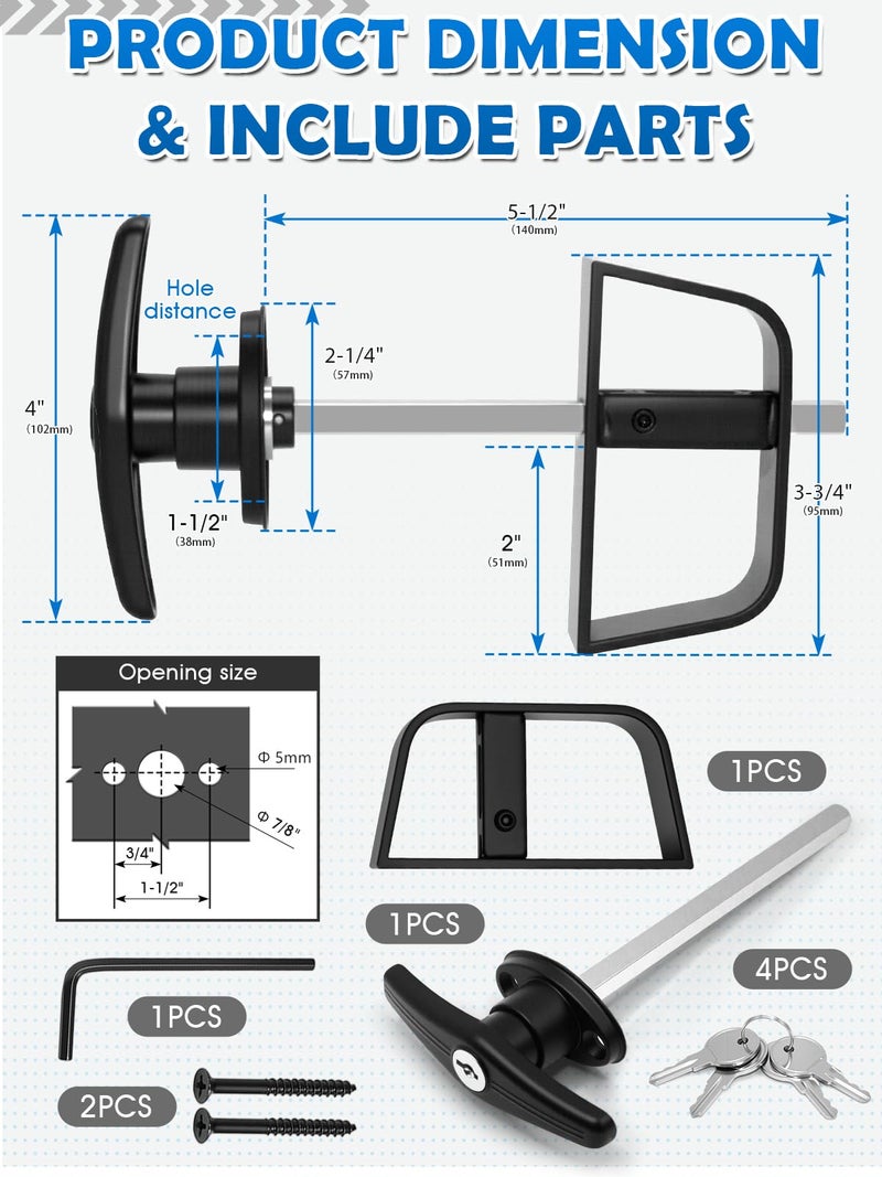Quality Life Shed Door T-Handle Lock Latch Kit 5-1/2"" Stem 4 Keys, 6in Spring Loaded Gate Pin Bolt Latch, Shed Barn Coop Storage Door T-Lock Set - 1 Lock+2 Latch - Image 2